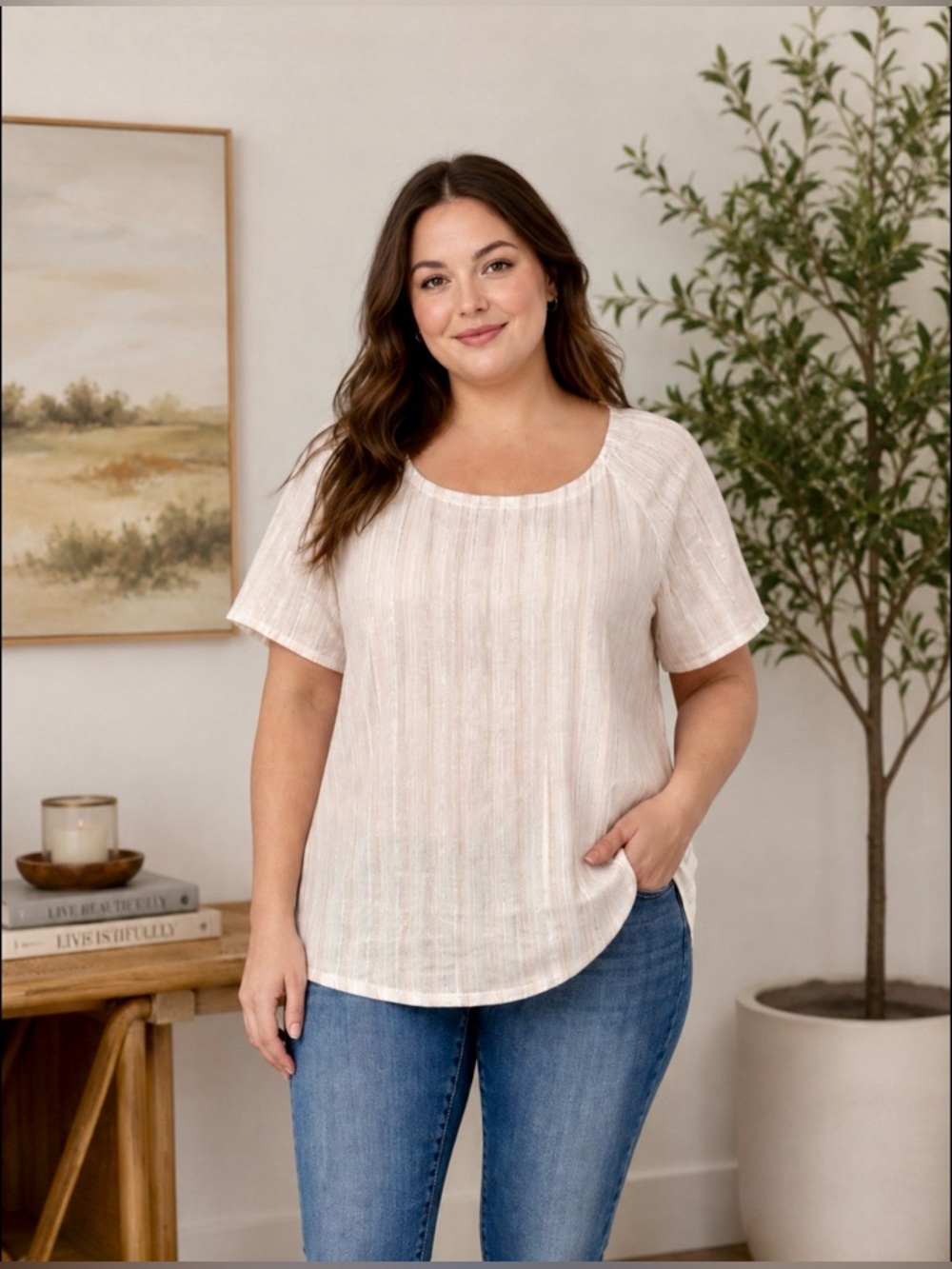 LOFT Plus White Metallic Striped Cotton Lined Top Size 16